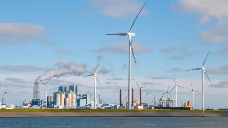 Factories and wind turbines