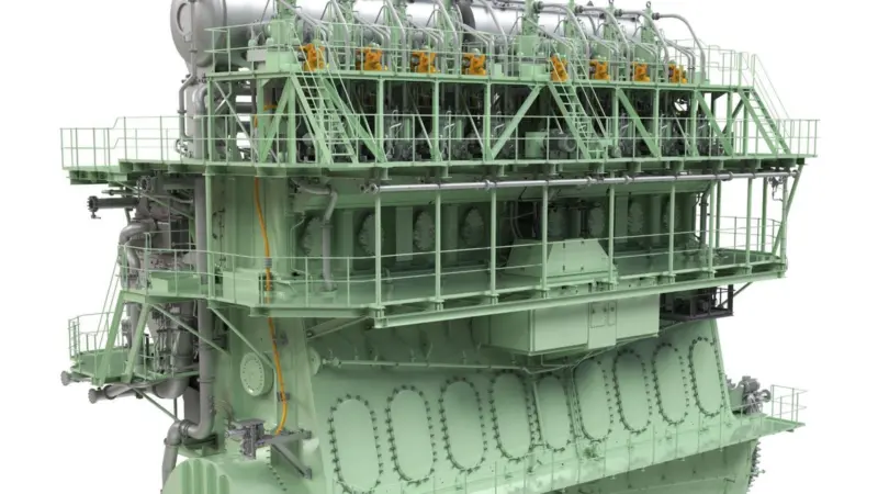 The MAN Energy Solutions reports ME-GI engine up close on a white background