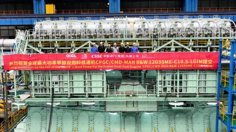 The image shows the Factory Acceptance Test of the new ME-LGIM at CSSC-MES Diesel Co., Ltd. (CMD) in China