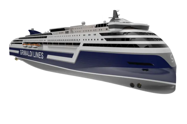 The image shows the design of the new Grimaldi RoPax vessel