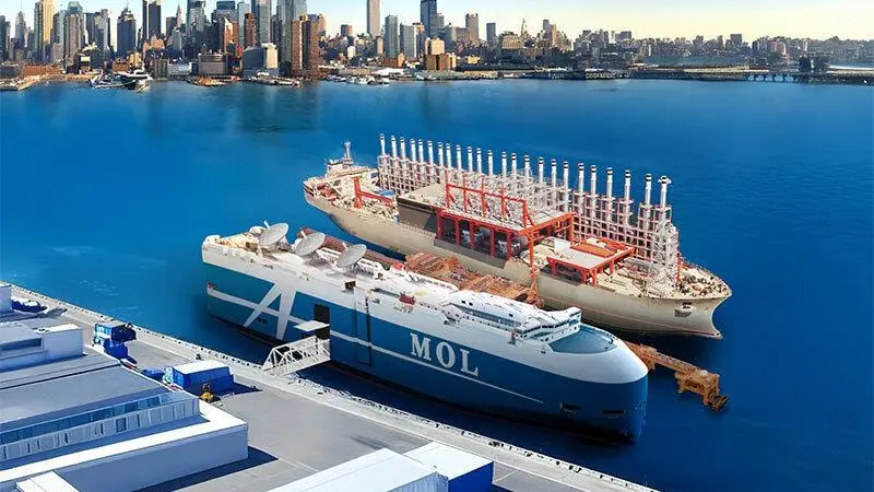 The image shows a CG rendering of the powership and offshore data centre