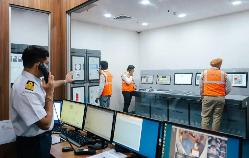 four workers being trained at the methanol bunkering simulator from Wärtisä at BSM's Maritime Training Centre in Kochi