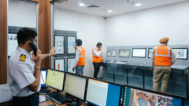 four workers being trained at the methanol bunkering simulator from Wärtisä at BSM's Maritime Training Centre in Kochi