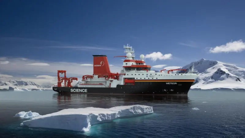 Render of the METEOR IV research vessel with land and icebergs