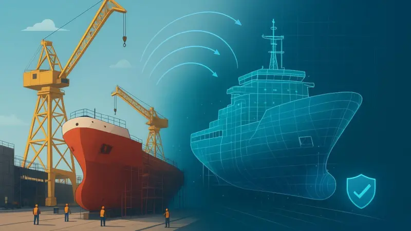 The graphic shows a digital shipbuilding render of a ship on the quayside