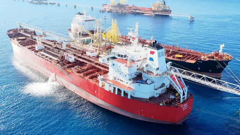 The image shows a Tankerska Plovidba vessel in the foreground