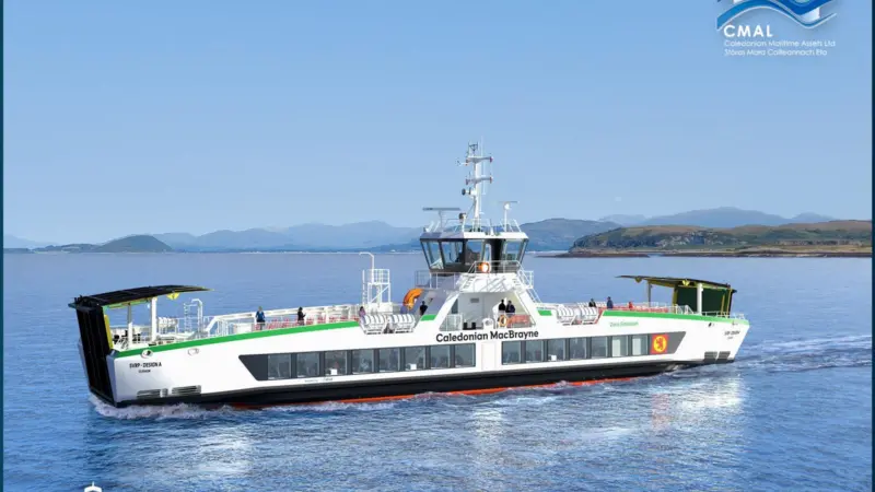 render of a CMAL electric ferry at sea with low mountains behind