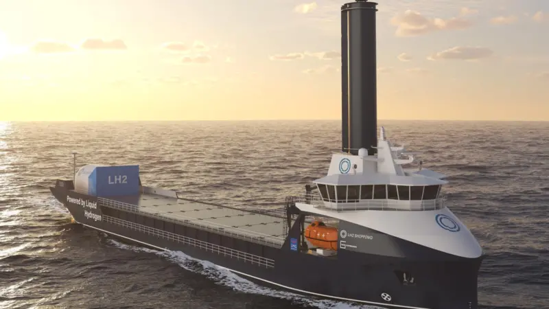 The image shows the NordBulk by LH2 Shipping AS, powered by liquid hydrogen (LH₂) on the water at sunrise