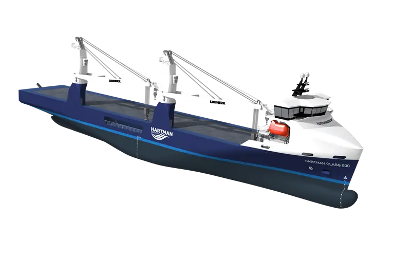 A render of the new 3800 DWT heavy lift vessel being built for Hartman Seatrade