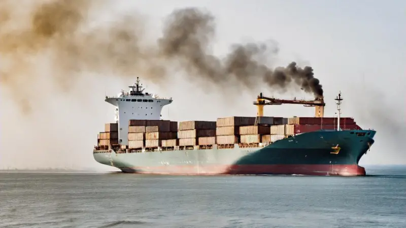 AI image of a container ship and its emissions
