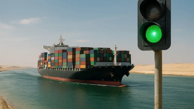 container ship in canal with traffic light showing green