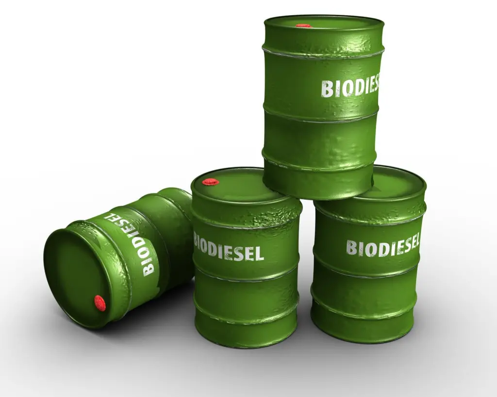four green cans with biodiesel written on them