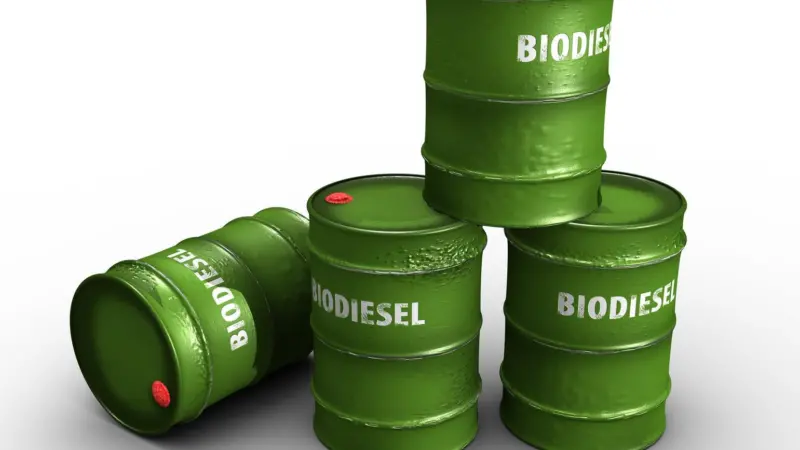 four green cans with biodiesel written on them