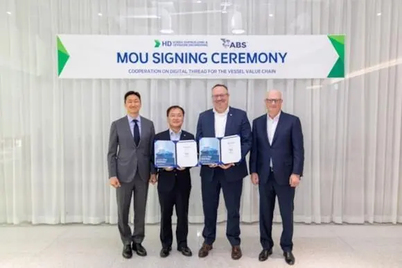 (l-r) Ki-sun Chung, chair & CEO of HD Hyundai; Hyung Kwan Kim, president & CEO of HD KSOE; Patrick Ryan, ABS SVP and CTO; and John McDonald, ABS chair and CEO