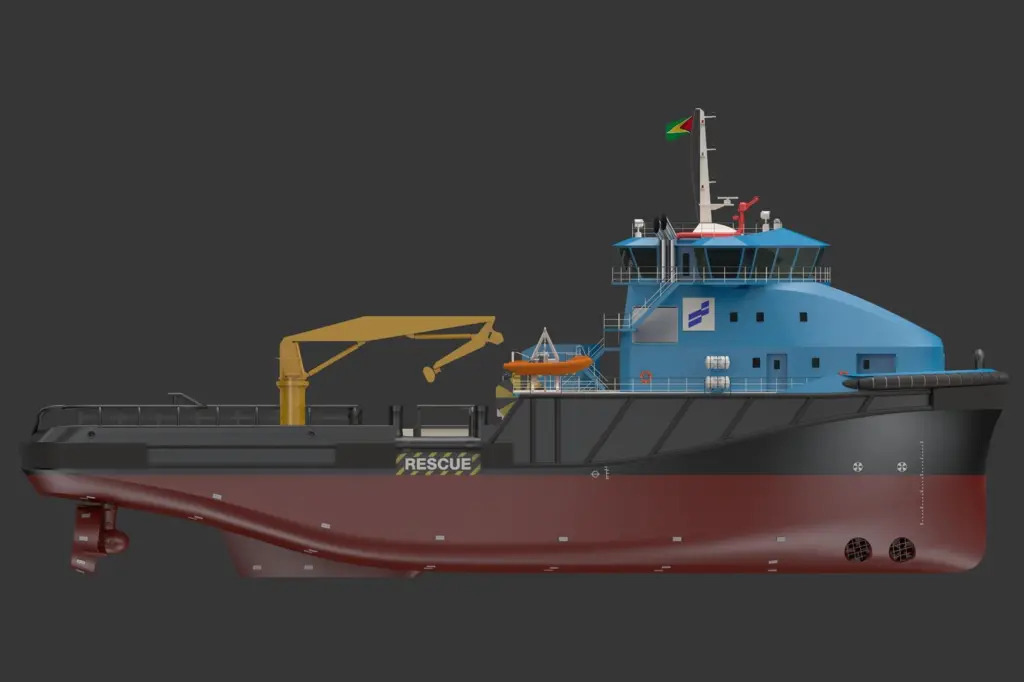 rendering of a tugboat for offshore and firefighting support