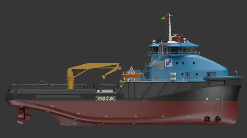 rendering of a tugboat for offshore and firefighting support