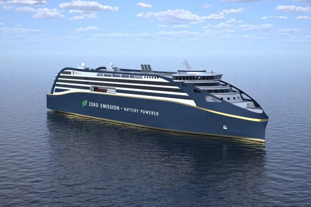 A supplied render of a electric RoPax ferry on the water