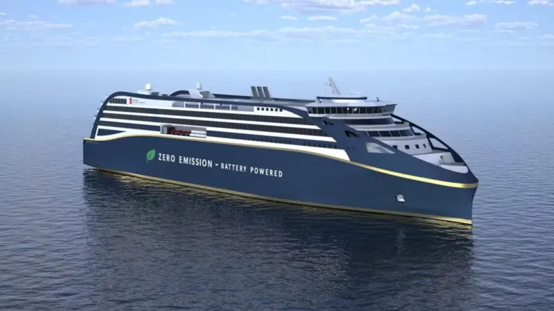 A supplied render of a electric RoPax ferry on the water