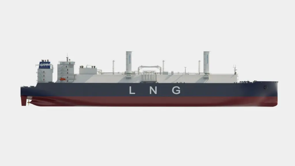 rendering of an LNG carrier fitted with two eSAILs