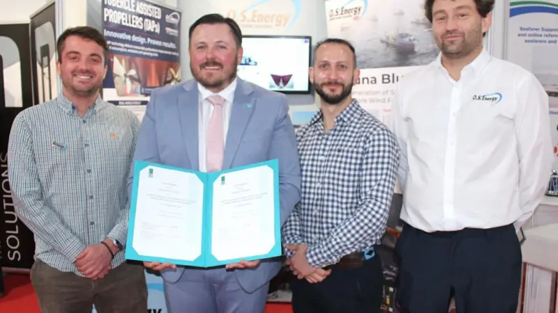 (l-r) Oliver Cornforth, head of projects at O.S. Energy; Steve Windrim, senior client relationship manager, Lloyd's Register; Nik Lekkas, CTO at Ecomar Propulsion; and Martin Nuernberg, director, O.S. Energy