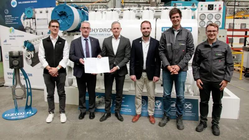 (l-r) Michail Cheliotis, marine surveyor, Lloyd’s Register; Peter Van de Graaf, strategic key account business partner, Lloyd’s Register; Tim Berckmoes, CEO, Anglo Belgian Corporation; Louis Vercauter, project coordinator, CMB.TECH; Edward Belderbos, proj