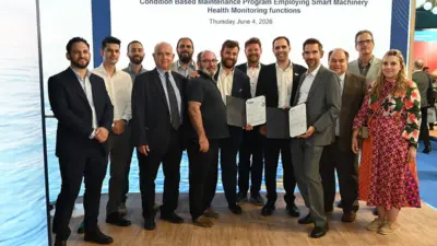 (l-r) Lampros Nikolopoulos, GasLog asset integrity manager; Angelos Minakis, ABS business development manager; and Panos Kyrtatos, Propulsion Analytics CEO