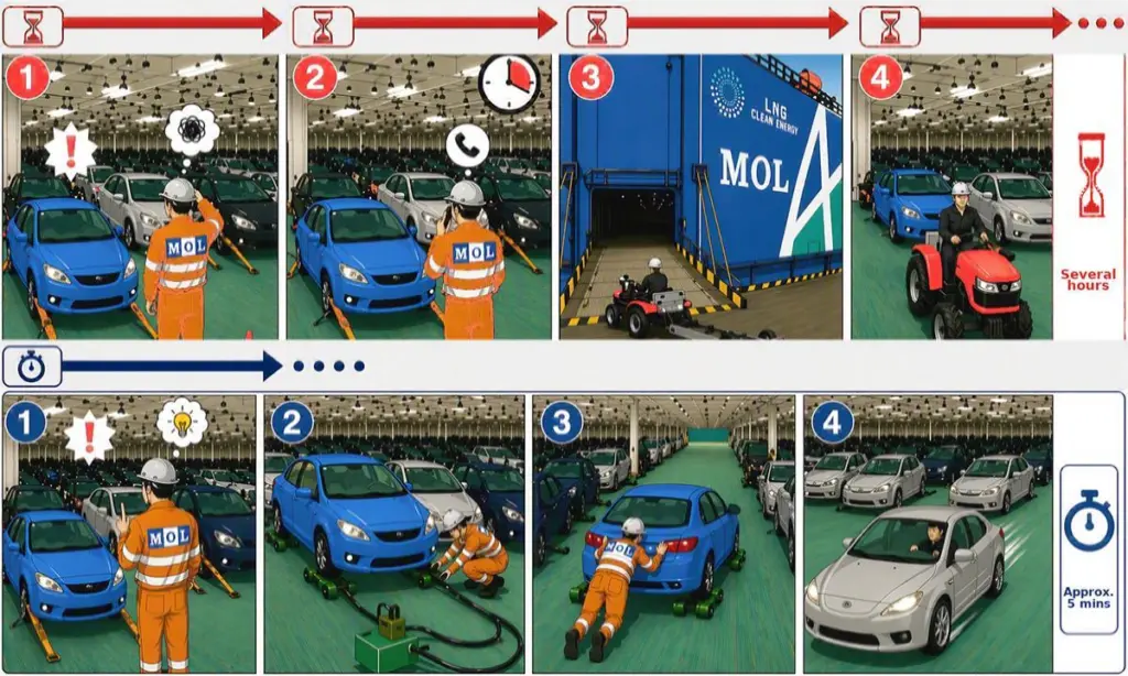 Cartoon showing how MOL's new Skater device can quickly move vehicle cargo