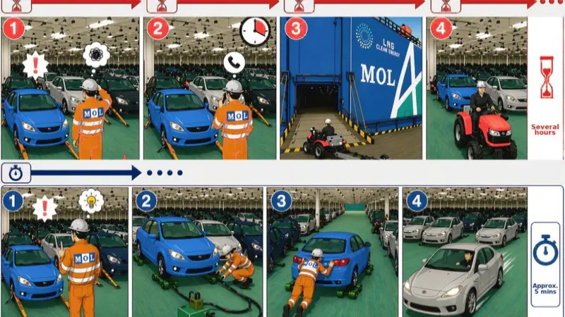 Cartoon showing how MOL's new Skater device can quickly move vehicle cargo