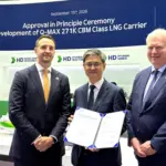 (l-r) Martin Cartwright, Global Business Director - Gas Carriers & FSRUs, DNV; Hong Ryeul Ryu, Senior EVP & CTO at HD HHI and Vidar Dolonen, Regional Manager for Korea & Japan, DNV