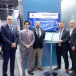 (l-r) Panos Mitrou, SVP – Shipping Strategy, LR; Andy McKeran, Chief Growth Officer, LR; Marcus Goh, Business Development Manager – Seapeak; Christofer Willsher, UKI Commercial Manager, LR; Eirik Agren, Sales Director – Green Initiatives, Kongsberg Maritime; Roar Hernes, Business Development Manager, Tunable; Constantinos Chaelis, Global Gas Segment Director, LR