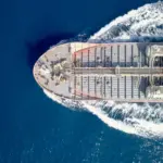 Aerial shot of container ship at sea