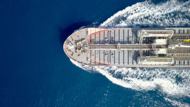 Aerial shot of container ship at sea