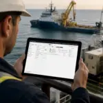 Man in hard hat and hi viz looking at a tablet screen whilst looking out a a service vessel