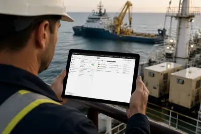 Man in hard hat and hi viz looking at a tablet screen whilst looking out a a service vessel