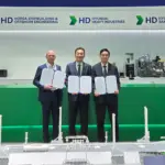 (l-r) Matthew Mueller, ABS VP, North Pacific Business Development; Chang Kwangpil, HD KSOE senior EVP and CTO and Mingi Kim, Siemens Digital Industries Software Sr. Enterprise sales manager